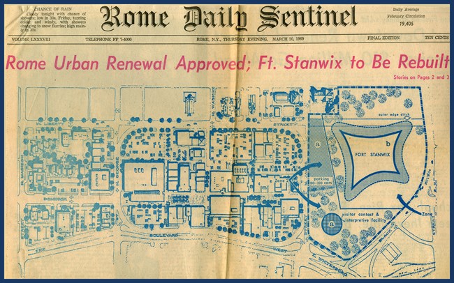 An aged newspaper headline with a drawing of the planned development of Fort Stanwix.