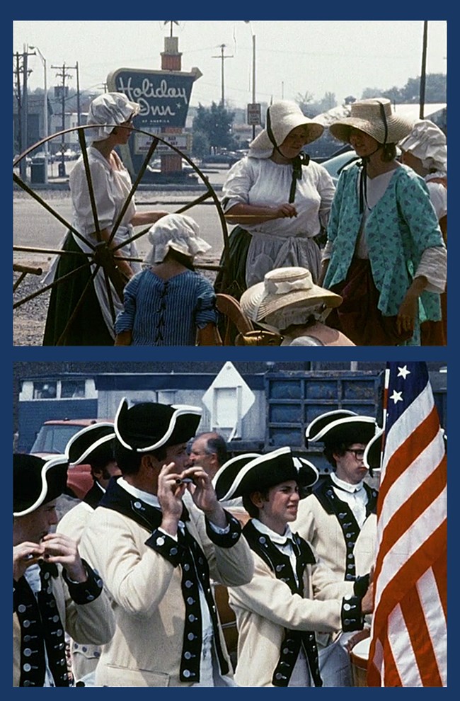 Volunteers dressed in 18th century period clothing are shown in two pictures, the top features women with a spinning wheel and the bottom shows men marching. Modern buildings and cars can be seen in the background.