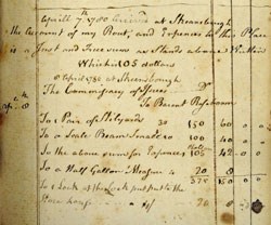 Handwritting in columns describes goods with prices on the right side.  Yellowing page with blot stains on the lower right side of the page.