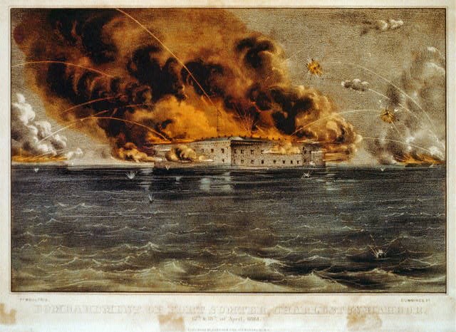 Print of Fort Sumter aflame during April 12-13, 1861 bombardment