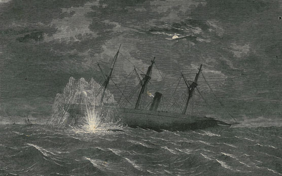 A drawing of an explosion at the Housatonic's waterline on a moonlit night.