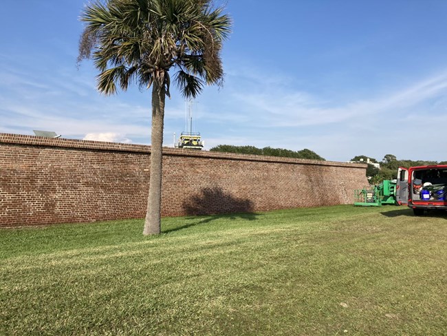 Outside of Fort Moultrie, view of south facing brick wall after preservation work