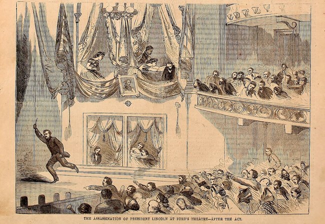 Sketch of a man with a knife running on the stage at Ford's Theatre as audience members react with various confused gestures. A slumped-over man with a beard, President Lincoln, can be seen inside the theater box at top center.