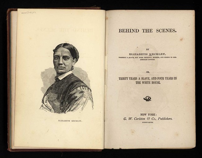 Photo of two pages from a book, on the left a black and white portrait sketch of an African American woman, on the right the book's title: Behind the Scenes, or, Thirty Years a Slave and Four Years in the White House