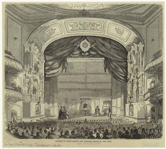 Illustration of a grand theatre with a stage and a full audience