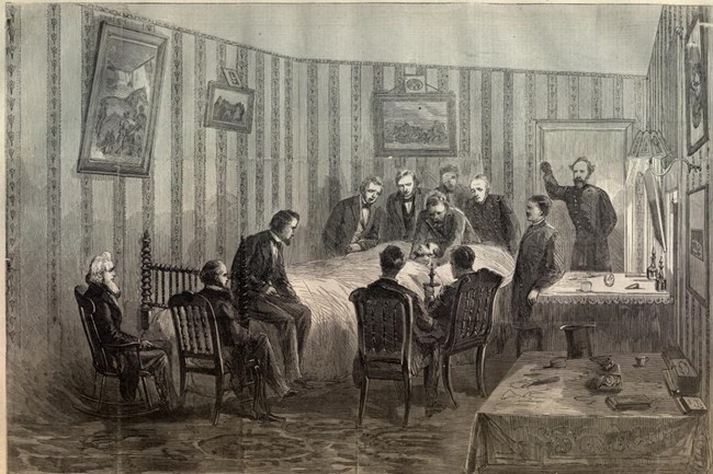 Black and white sketch of twelve men standing and sitting around a dying Abraham Lincoln as he lays in a bed.