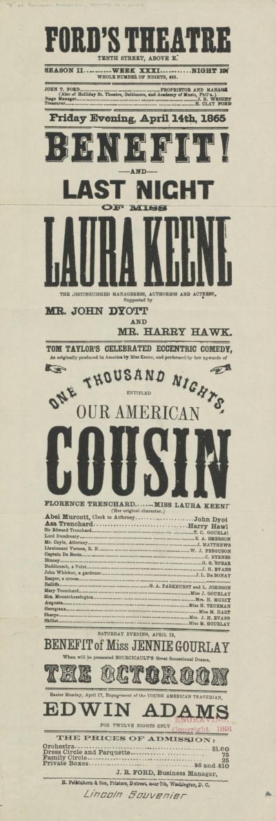 Playbill featuring lots of black text including “Benefit and last night of Laura Keene” and “One thousand nights entitled Our American Cousin”