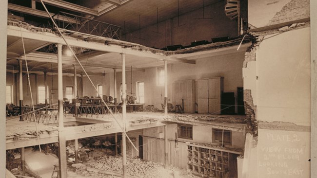 View of collapsed interior of building