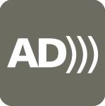 Gray square with the white letters "AD" and several soundwave symbols.