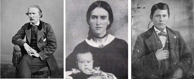 photograph of kit carson seated, photograph of kit's wife josefa holding a small child, photograph of the carsons' adopted indian son