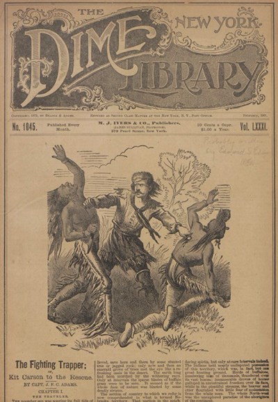 Dime novel cover of Kit Carson wearing trapper's clothing and stabbing two native Americans