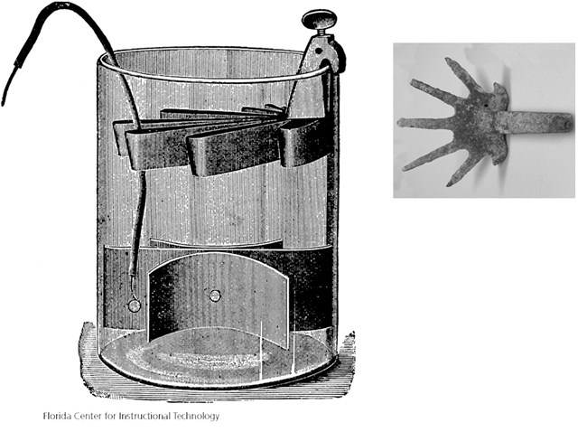 on left a digram of a gravity cell battery and on the right a photo of a corroded gravity cell electrode