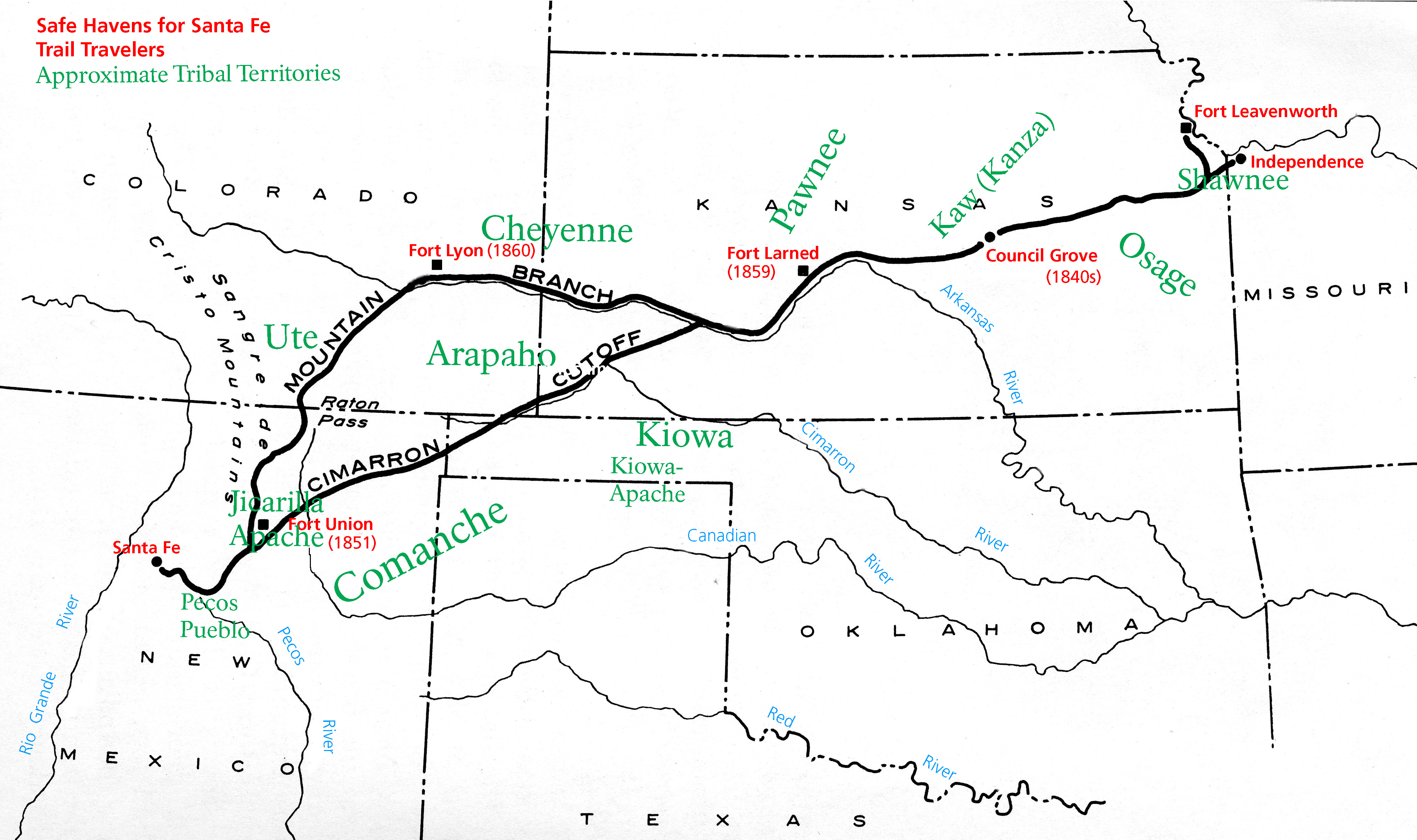 map of santa fe trail showing indians tribal lands