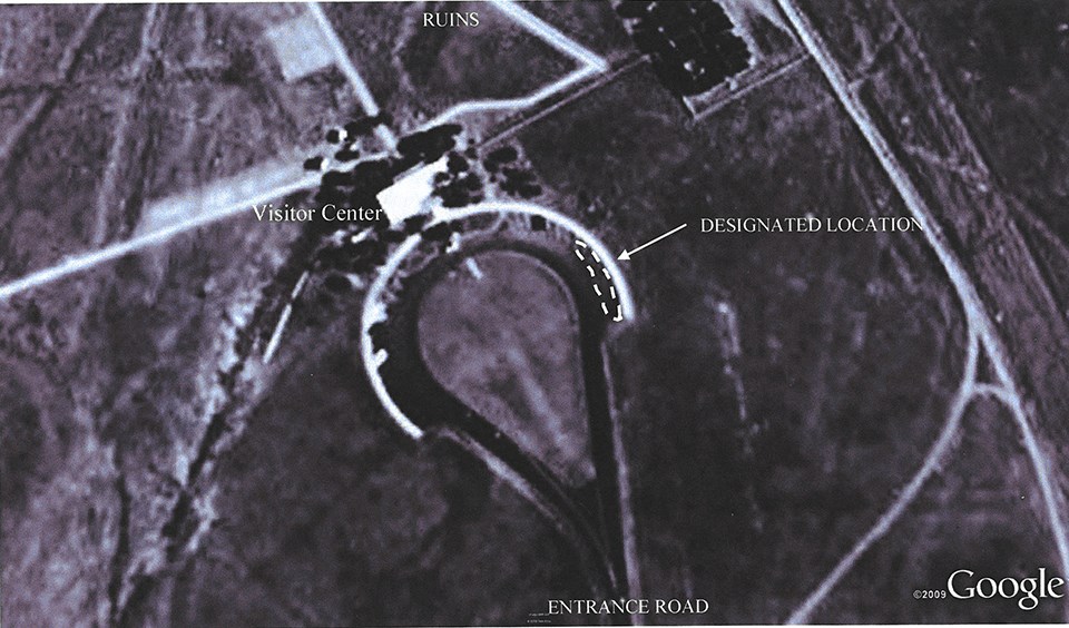aerial photograph showing fort union visitor center and parking lot