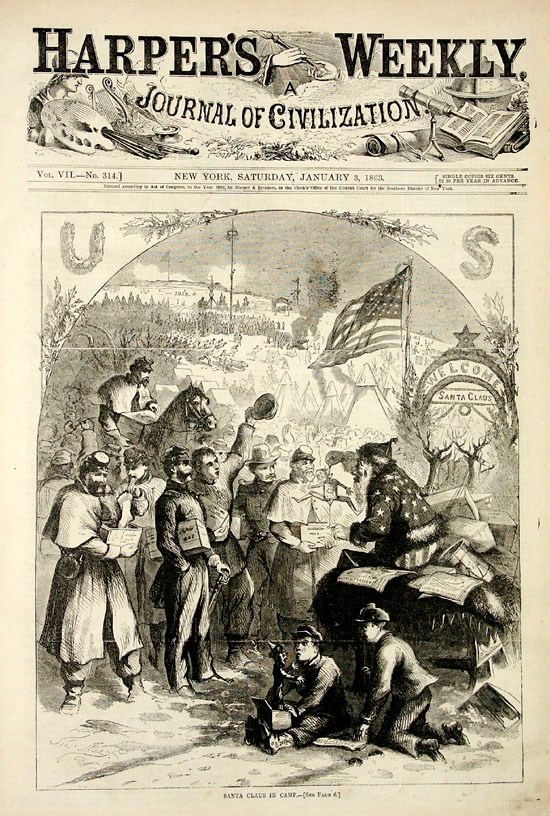 Drawing of Civil War soldiers gathered around Santa Claus, who is seated on a sleigh. Two young boys sit behind Santa Claus and a U.S. flag flies above Santa.