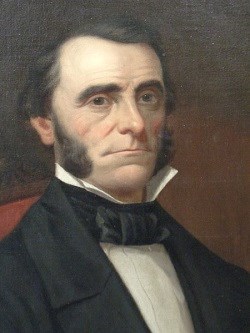 Painting of a man with short hair and long sideburns wearing a black suit and white shirt.