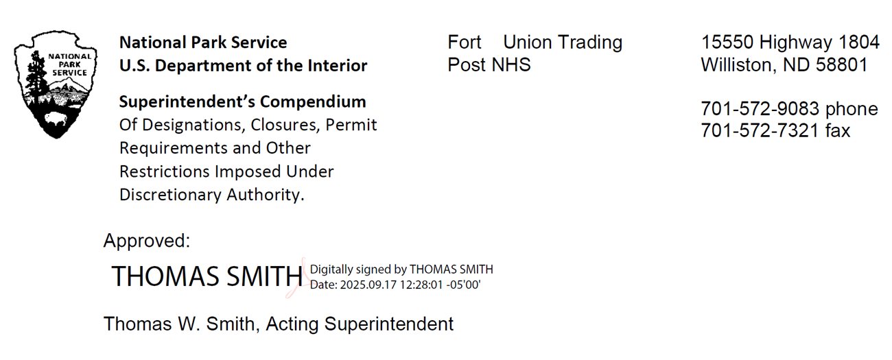 Signature block for Fort Union Trading Post superintendent compendium.