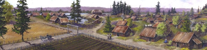 Artist's rendering of a bird's eye view of the east end of the Village looking east to west. Image includes several buildings, dirt roads, and figures.