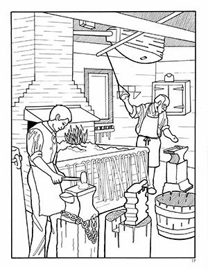Thumbnail of a coloring page showing blacksmiths working in the Fort Vancouver Blacksmith Shop.