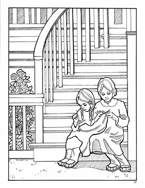 Thumbnail image coloring page of girls sewing.