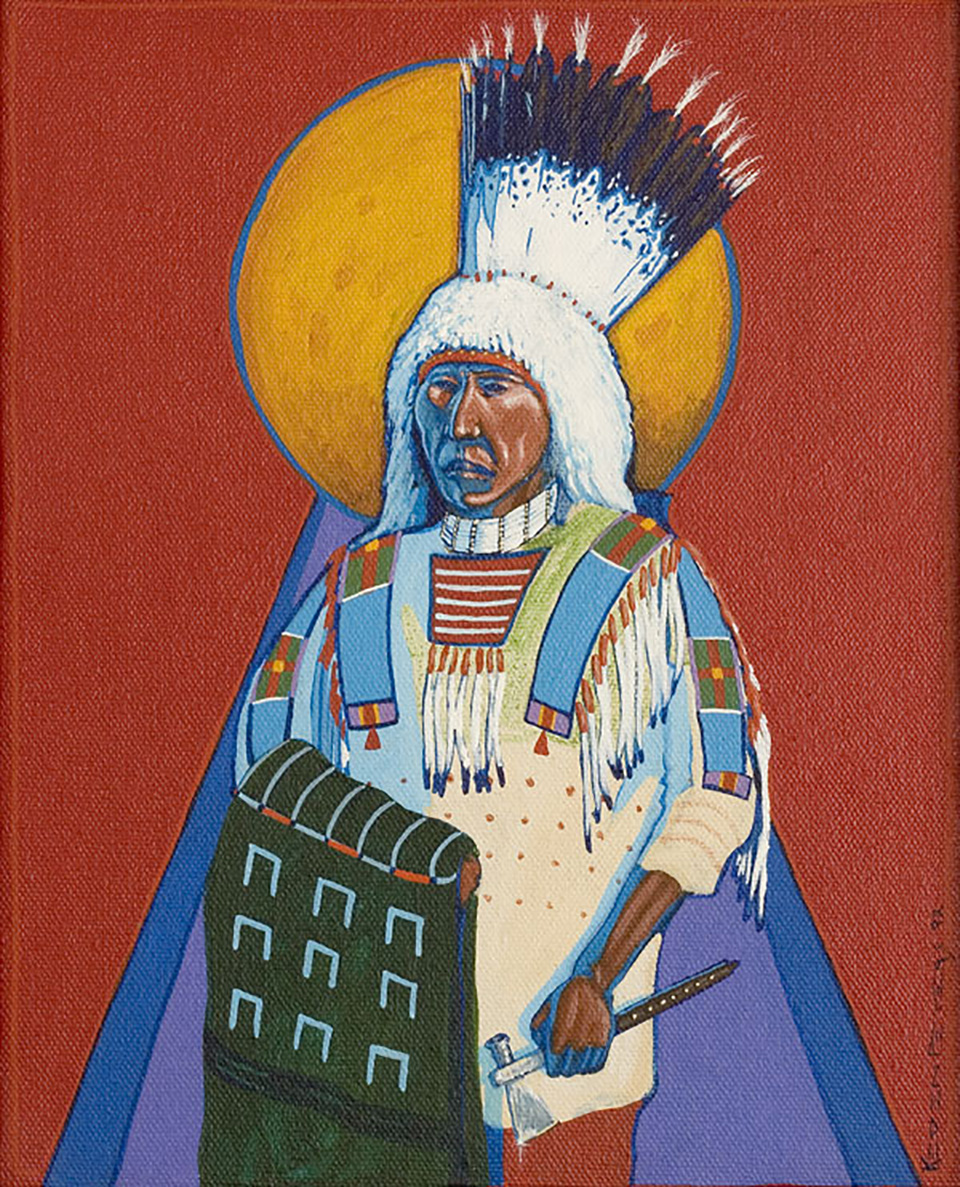 Painting of a man wearing Nez Perce regalia holding a hatchet.