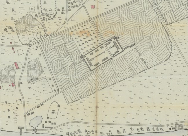 Excerpt from historic map of Fort Vancouver(Feb1854) showing the HBC village and stockade