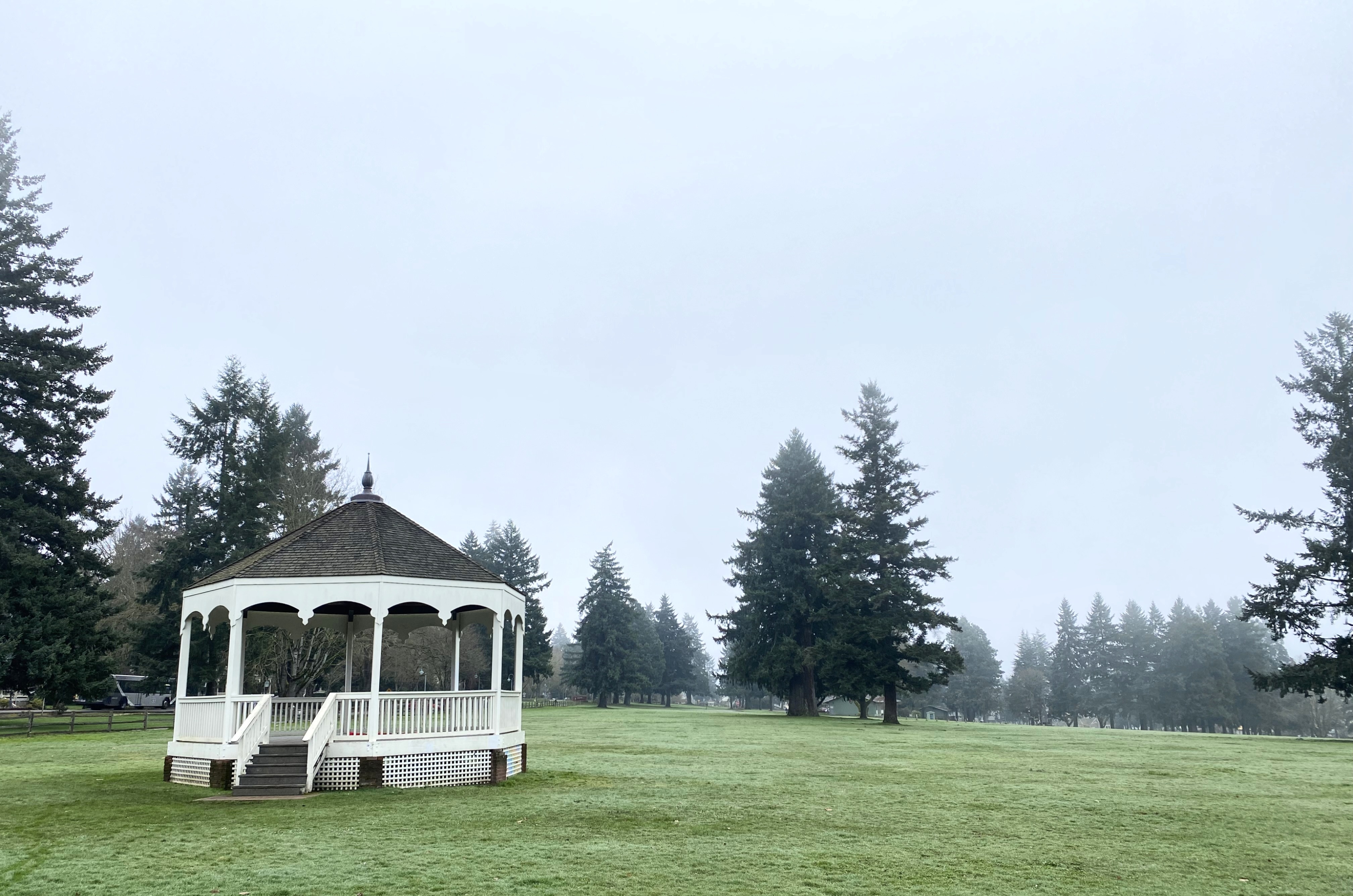 Tall evergreen trees are the background for the white and grey gazebo called the Bandstand. The gray, slated roofing and gray floors are nicely contrasted by the white beams and white, ornately patterned roofline. There is a five step staircase.