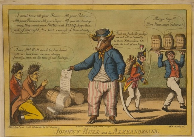 Johnny Bull in Alexandria. This cartoon makes reference to the artillery batteries under the command of Capt. David Porter and Capt. Oliver Hazard Perry.