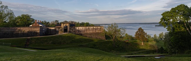 A panoramic view of the stone-walled Fort Washington overlooking the Potomac River.