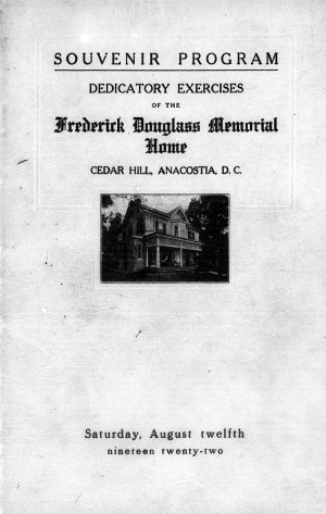 A black and white photograph of the Douglass Home with the words "Souvenir Program" over it