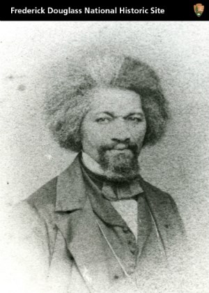 A card with a historic photograph of Frederick Douglass on it