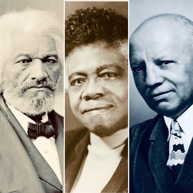 Images of Frederick Douglass, Mary McLeod Bethune, and Dr. Carter G. Woodson