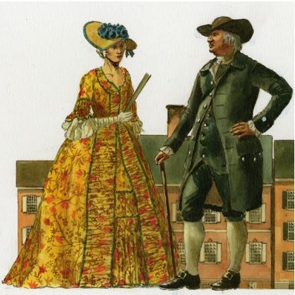 A wealthy man and women in colonial dress with colonial brick buildings in the background.