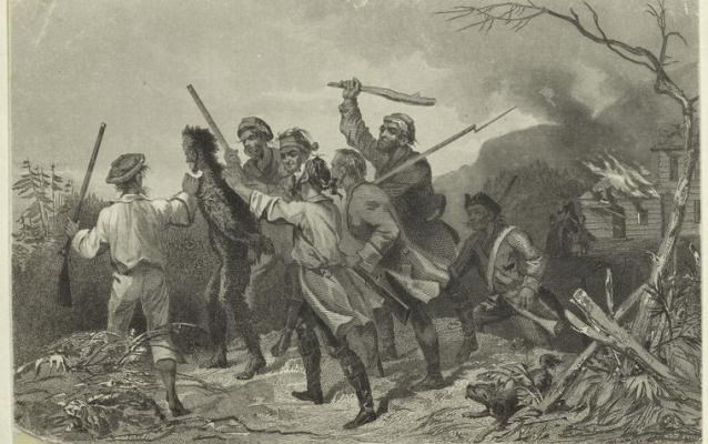 A group of men with muskets have tarred and feathered the tax collector.