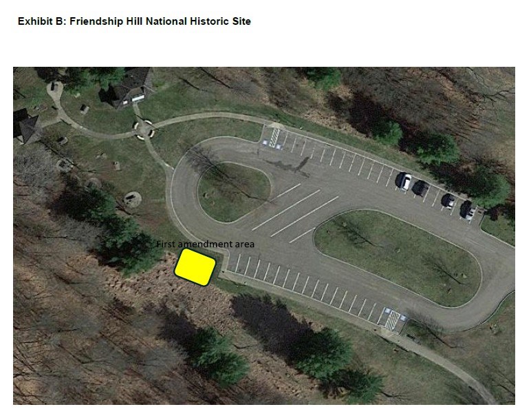 Friendship Hill NHS public parking area with a yellow block denoting where the first amendment area is