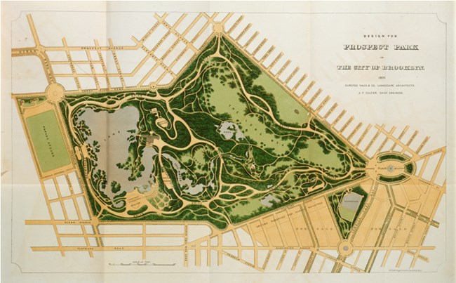 Map of Prospect Park with open space and tree lined paths.