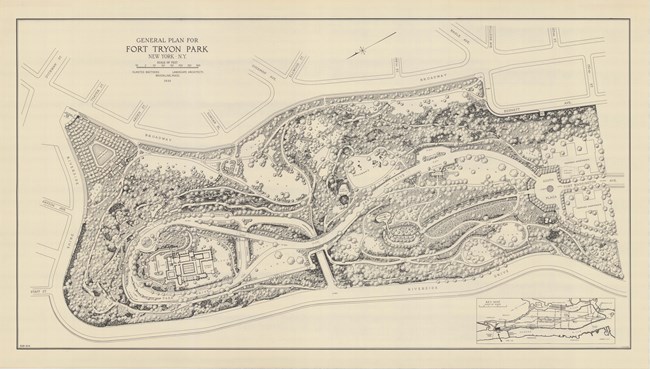 Plan of Park with curving paths and lots of trees.