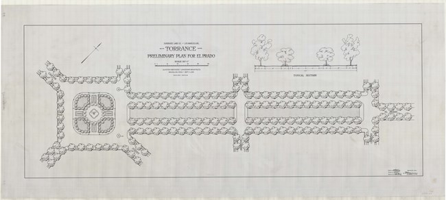 Pencil drawing of El Prado in Torrance. Two paths are parallel to each other lined with trees. Two other paths cut through and at one end is a large square with a central area.