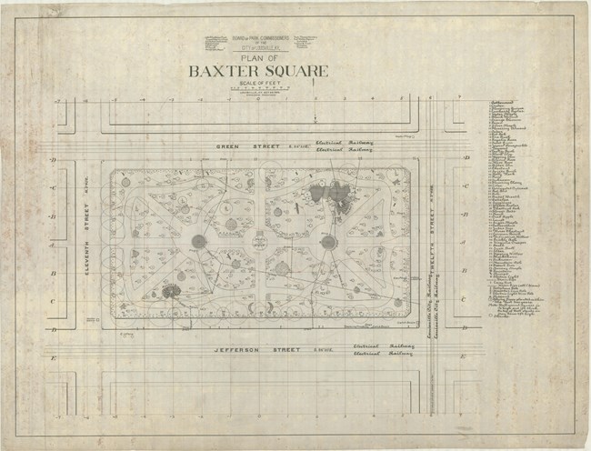 Pencil drawing of square park with roads enclosing it with hundred of circles with numbers in them with a large key of plants to the right. There are paths through the park.