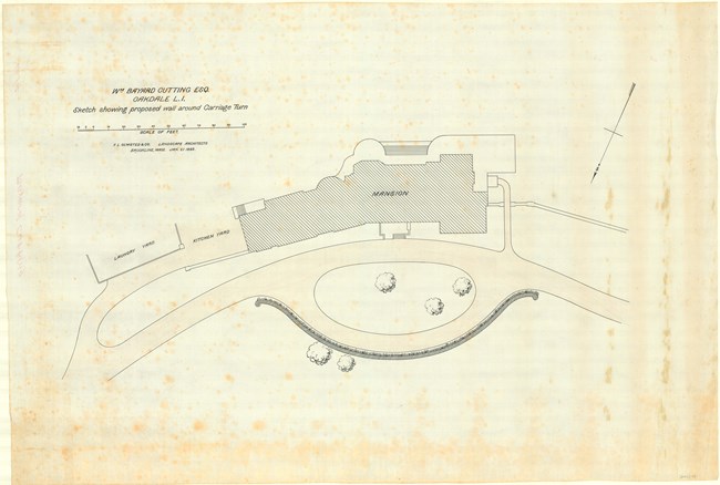 Pencil drawing of curving road with mansion on one side, small open oval on the other, outside of which there is a wall.