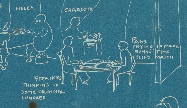 White pencil on blue paper drawing of women seated at different desks. Two sit together and two others sit alone, each table in front of them is stacked with books.
