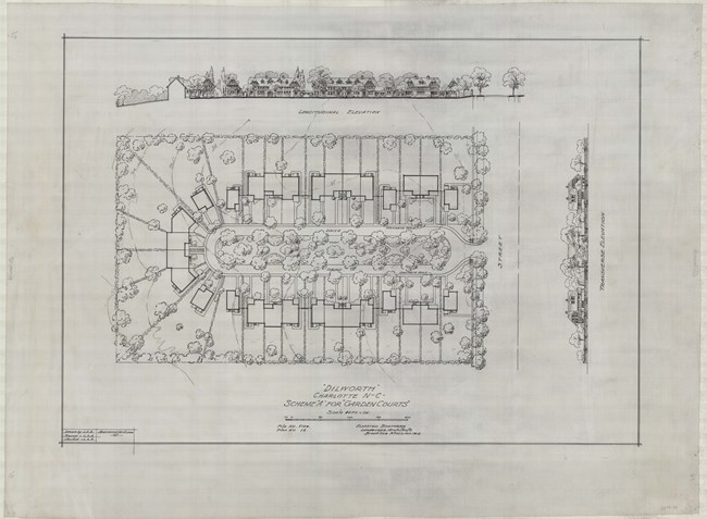 Pencil drawing of rectangle of lots, with homes at the front of the lots, and large open space at the back. All homes face a rectangular park area.