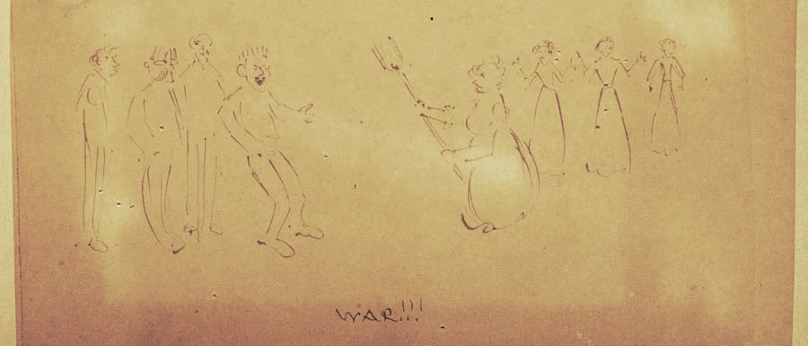 Cartoon of male draftsmen and women in battle