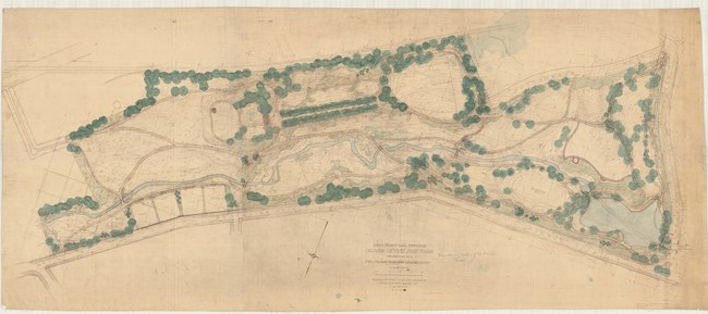 Pencil sketch of long park with river cutting through the middle, with large green circles showing trees.