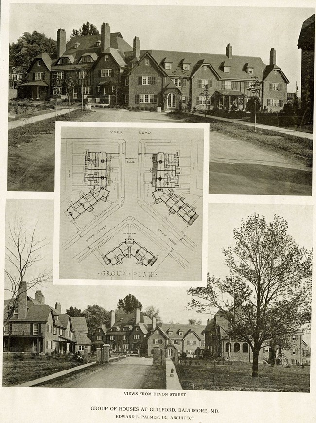 Black and white of two images of buildings lined with green space and large buildings. On top is a pencil plan of the area.
