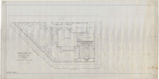 Pencil drawing of estate surrounded by straight lines with blobs showing plantings and a large home, and a straight line garden.