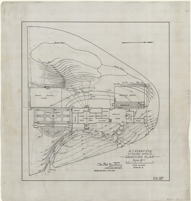 Pencil drawing of half circle site with topographical lines with curving roads and a large home at the middle of the property.