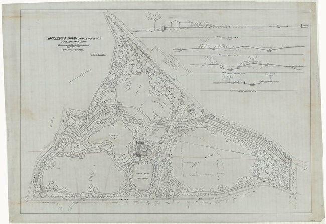 Pencil drawing of triangular park with each part of the park having an open space and trees around the open space, with some small buildings on site.