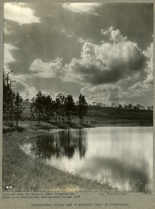 Black and white of body of water with trees along the shore reflecting on the water. More trees and a grassy area rising in the distance, and many clouds in the sky