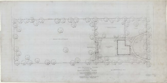 Pencil drawing of square plot with much of the land being used for boys playfield, with a small building by curving road.